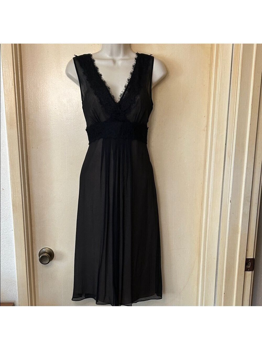 LOFT Black Silk Lace Trim Midi Dress size 2